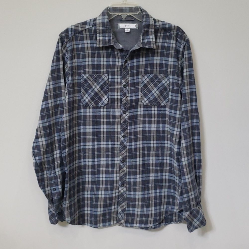 Pd & c Shirt Men Large Blue Gray Plaid Button Down Preppy Cotton Flannel